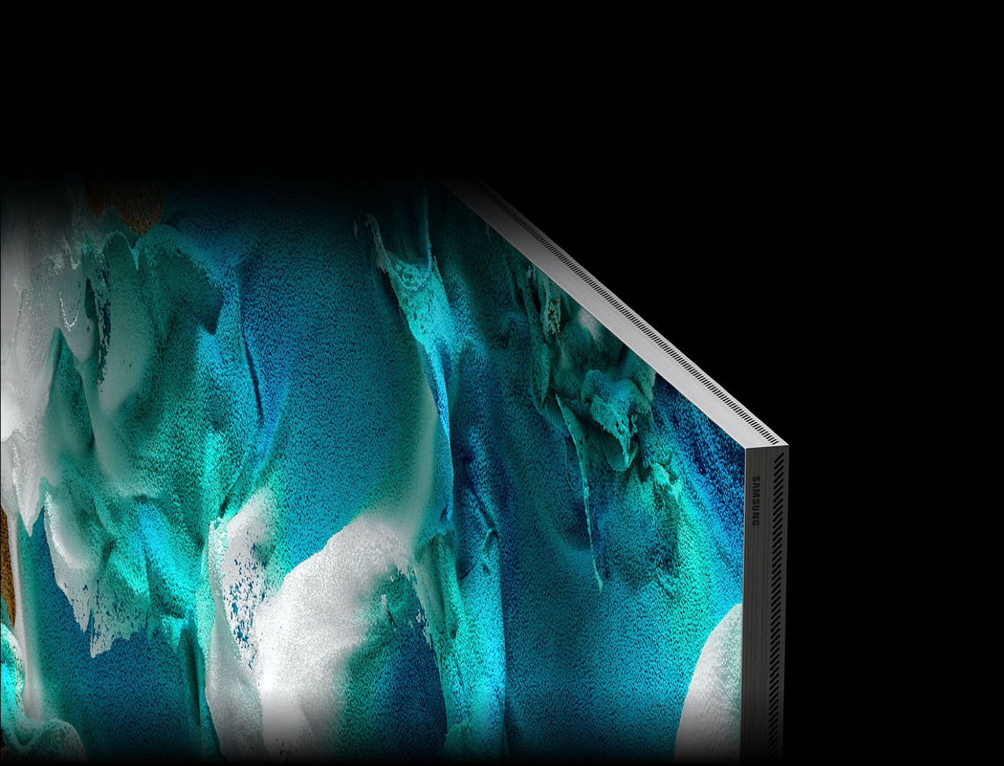 A closeup of MICRO LED TV's ultra narrow bezel is seen from an angle to show its Monolith Design. An onscreen shows color liquids being mixed together.